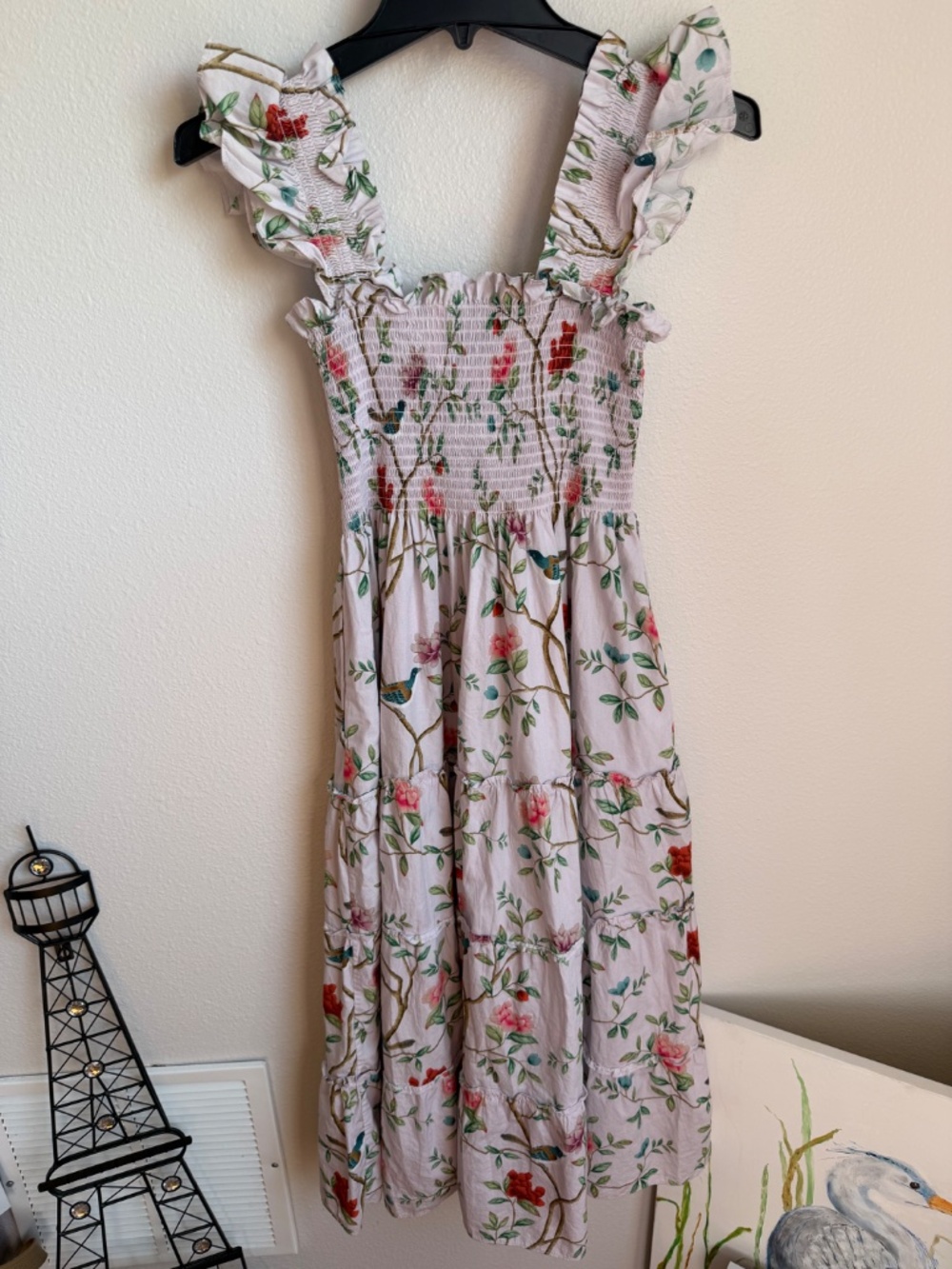 Hill House Home x Diane Hill Ellie Nap Dress Pink Floral Bird Print Smocked Midi - Picture 10 of 11